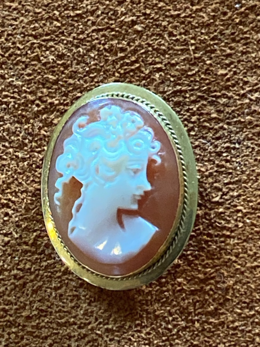 Antique Cameo Brooch in Peach and White with 18k yellow gold Frame